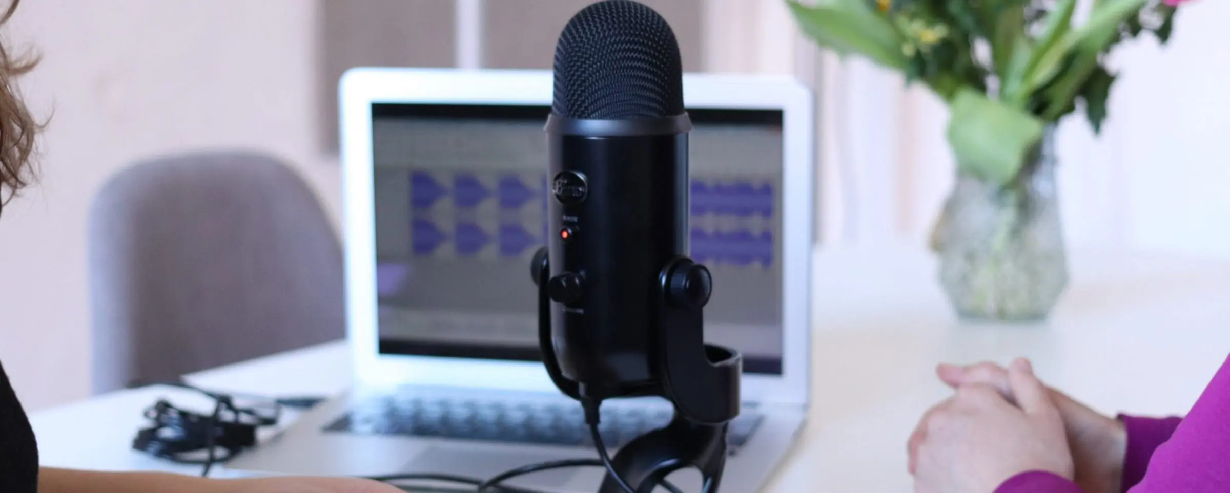 photo of microphone and a computer used for audio editing